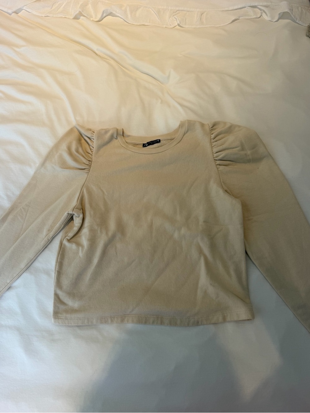 Zara Crewneck Puff Sleeve Sweatshirt Beige Cotton